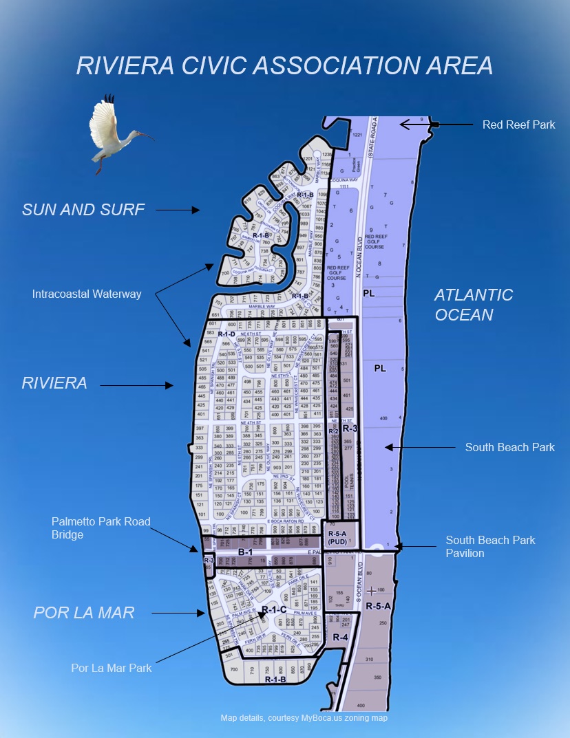 Map of the Riviera Civic Association area showing the Sun & Surf, Riviera, and Por La Mar neighborhoods between the Atlantic Ocean and the Intracoastal Waterway in Boca Raton, with Red Reef Park, South Beach Park, and the Palmetto Park Road bridge.